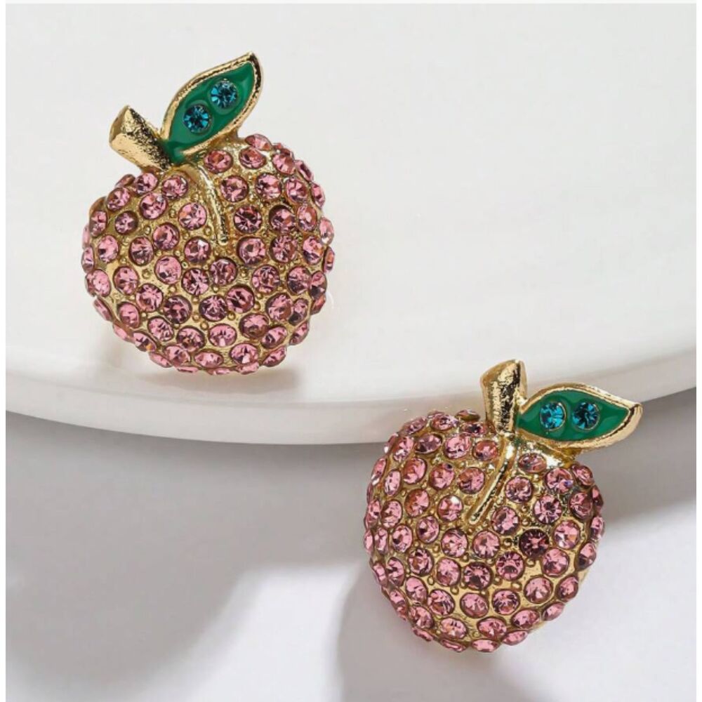 Pink Rhinestone Apples Green Enamel Leaves Stud Earrings